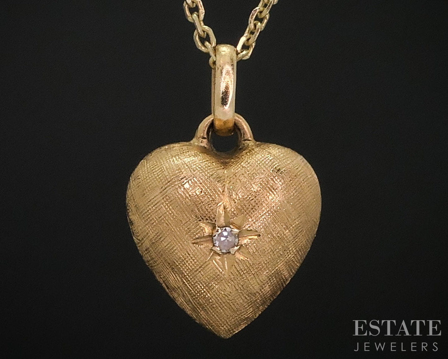 Vintage 14k Yellow Gold Natural Diamond Puffy Heart Necklace 2.4g 18"L i18453