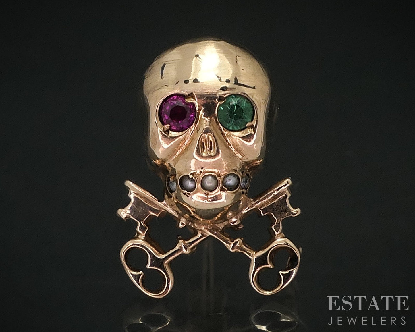 Antique 9k Yellow Gold Skull & Skeleton Key Cross Pin Brooch 3g i18452