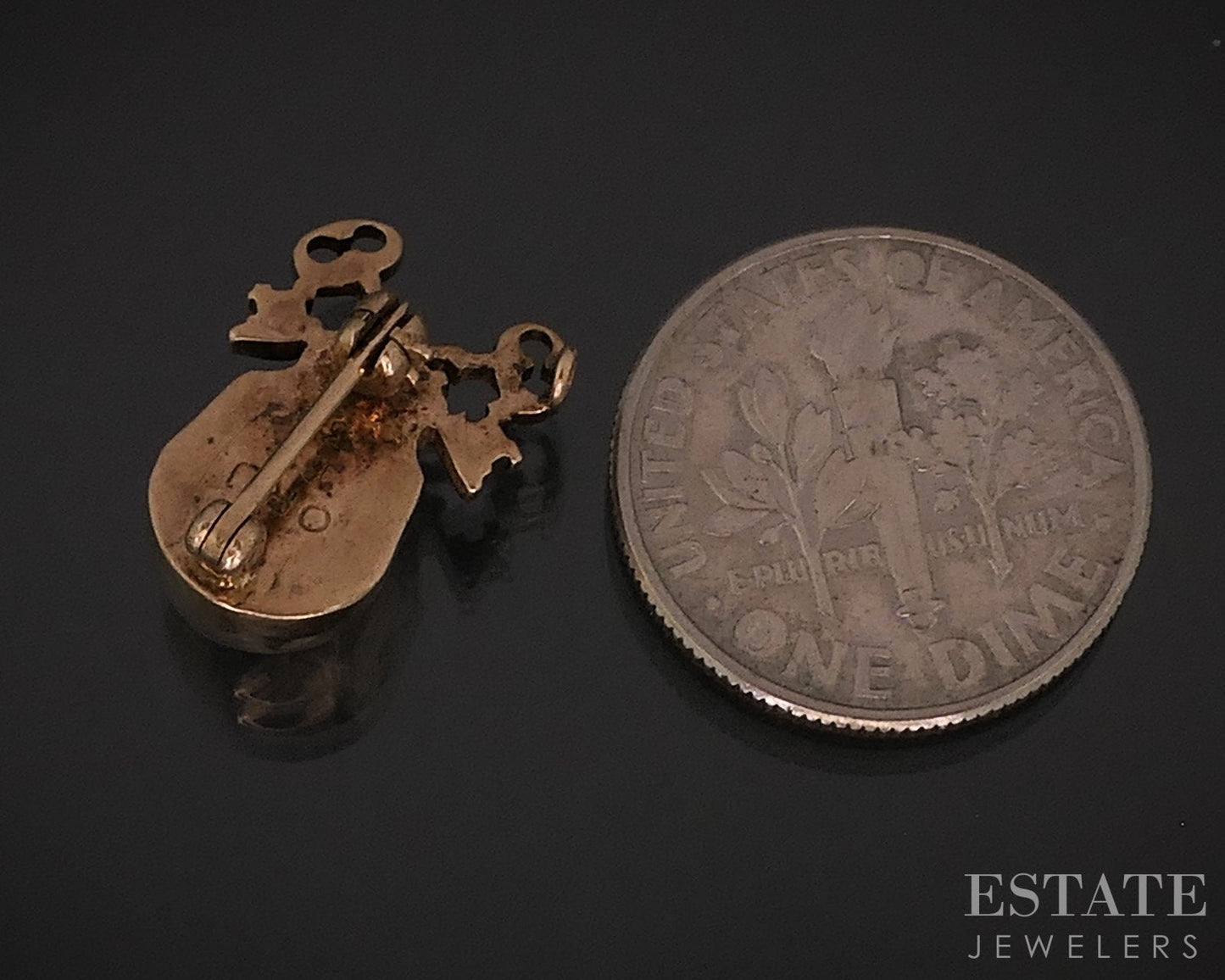 Antique 9k Yellow Gold Skull & Skeleton Key Cross Pin Brooch 3g i18452