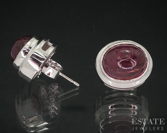14k White Gold Cabochon Natural Pink Tourmaline Button Stud Earrings 9.4g i18444