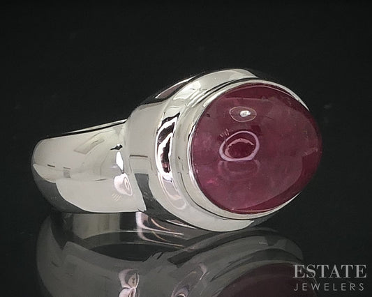 14k White Gold Cabochon Oval Natural Pink Tourmaline Ladies Ring 8.5g i18443