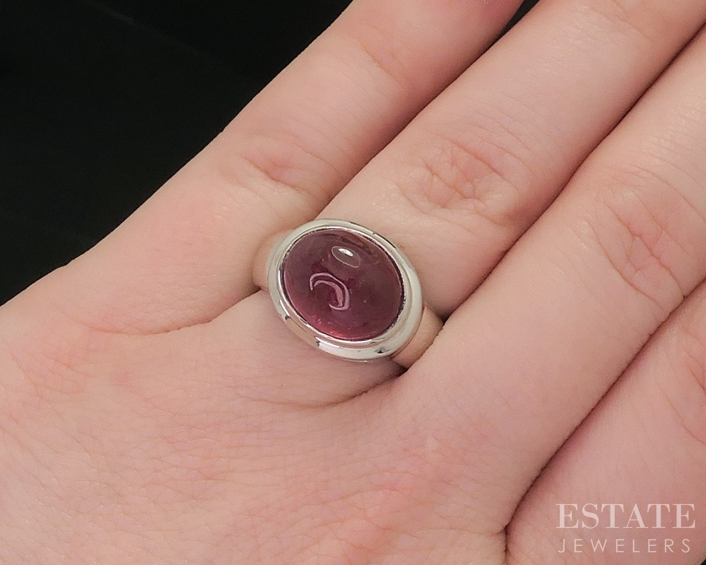 14k White Gold Cabochon Oval Natural Pink Tourmaline Ladies Ring 8.5g i18443