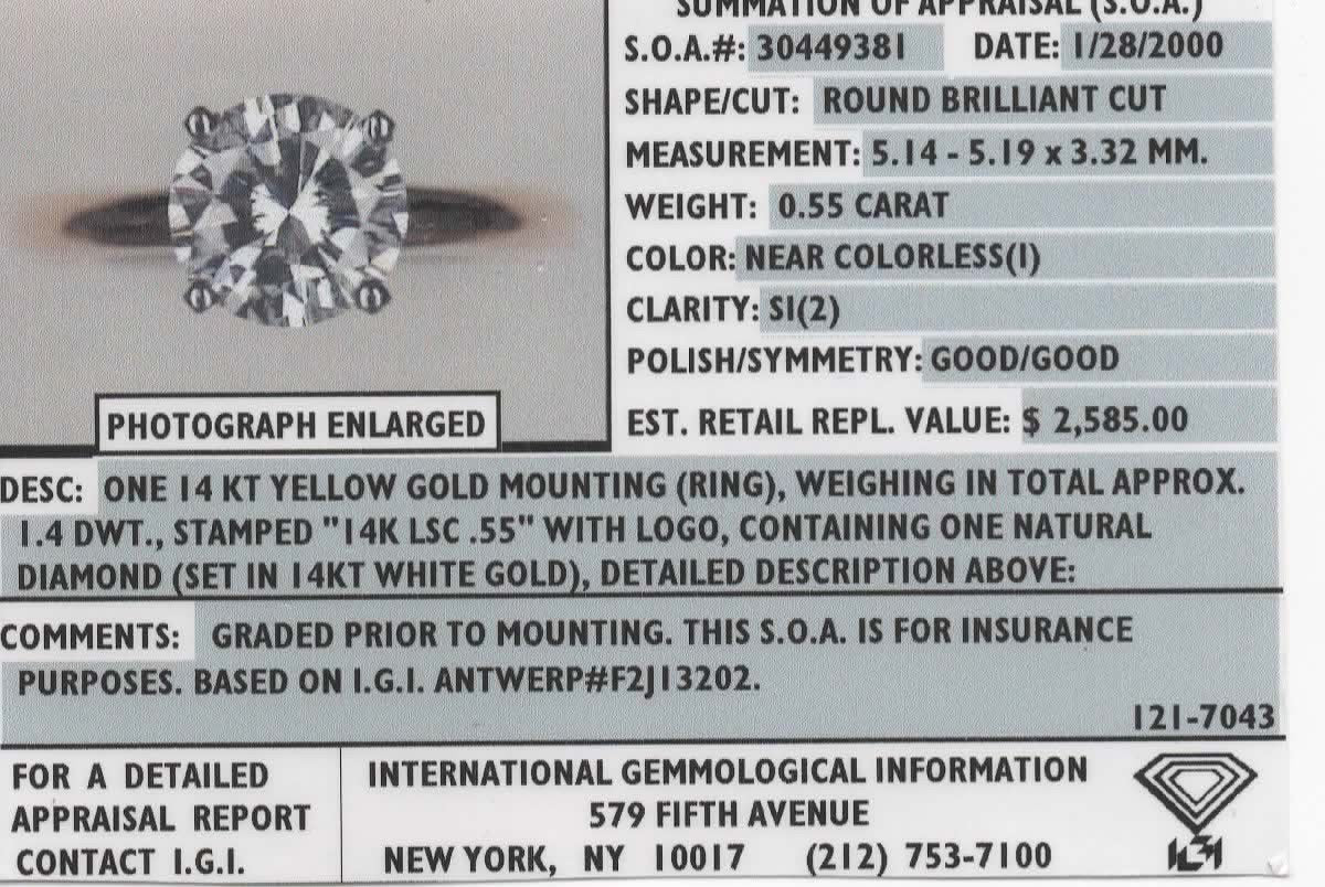 Loose .55ct Round Cut IGI Certified Natural Diamond SI2/I i18472