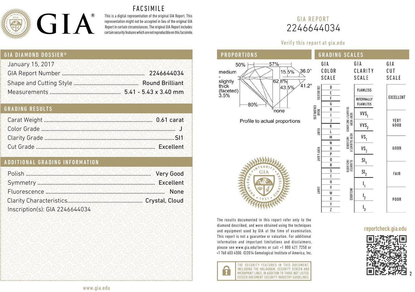 Loose .61ct Round Cut GIA Certified Natural Diamond SI1/J i18471