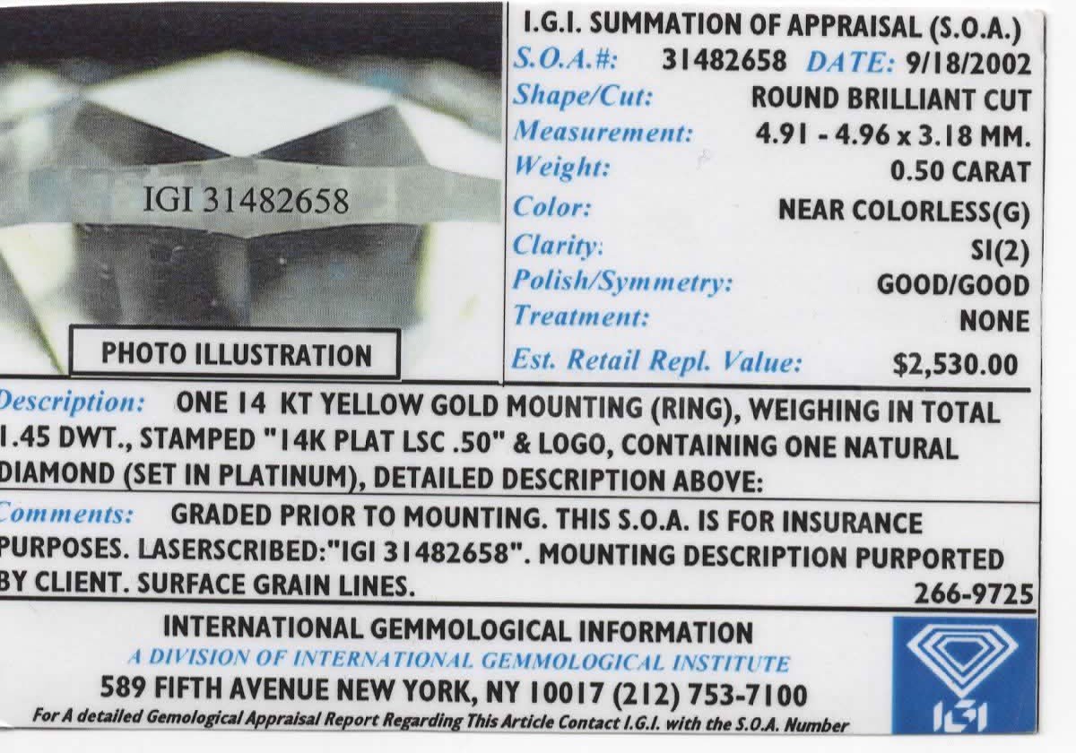 Loose .50ct Round Cut IGI Certified Natural Diamond SI2/G i18473