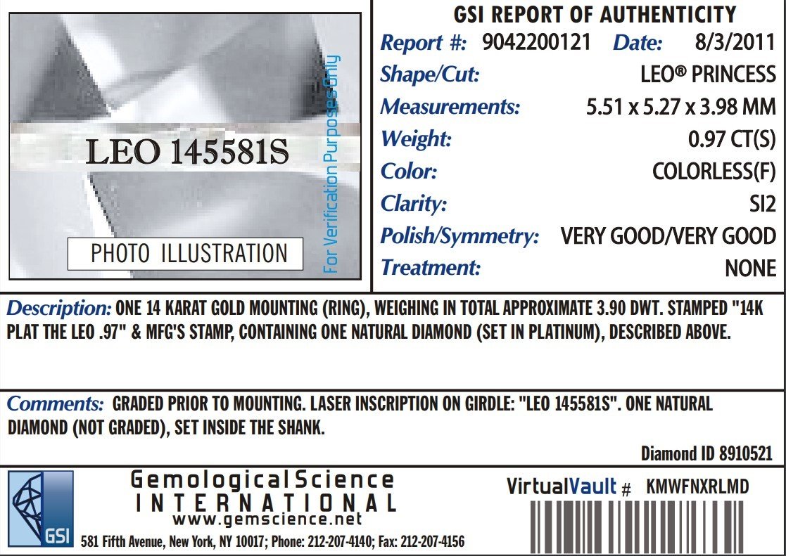 Loose .97ct Princess Cut GSI Certified LEO Natural Diamond SI2/F i18470