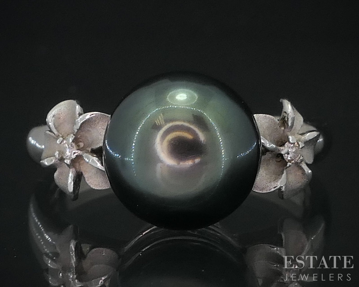 18k White Gold 9mm Tahitian Pearl & Diamond Plumeria Flower Ring 4g i18480