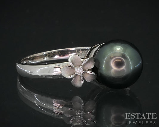 18k White Gold 9mm Tahitian Pearl & Diamond Plumeria Flower Ring 4g i18480