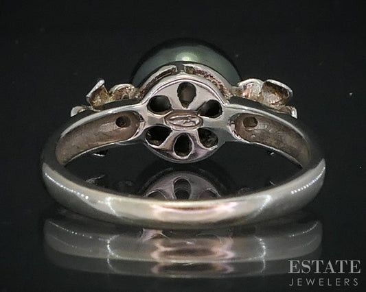 18k White Gold 9mm Tahitian Pearl & Diamond Plumeria Flower Ring 4g i18480