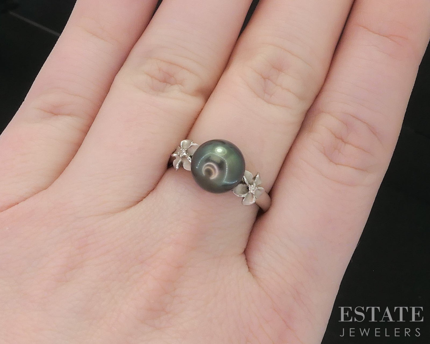 18k White Gold 9mm Tahitian Pearl & Diamond Plumeria Flower Ring 4g i18480