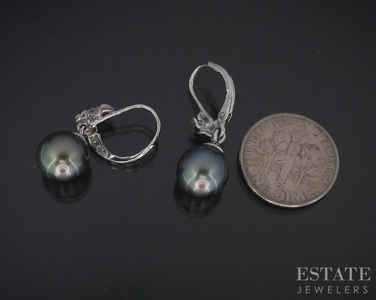 14k White Gold 8.7mm Tahitian Pearl & Diamond Plumeria Flower Earrings 3g i18475