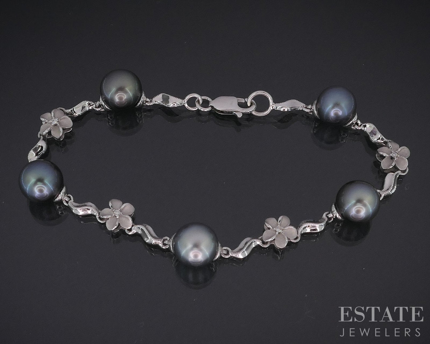 14k White Gold Tahitian Pearl & Diamond Denny Wong Flower Bracelet 10g i18488