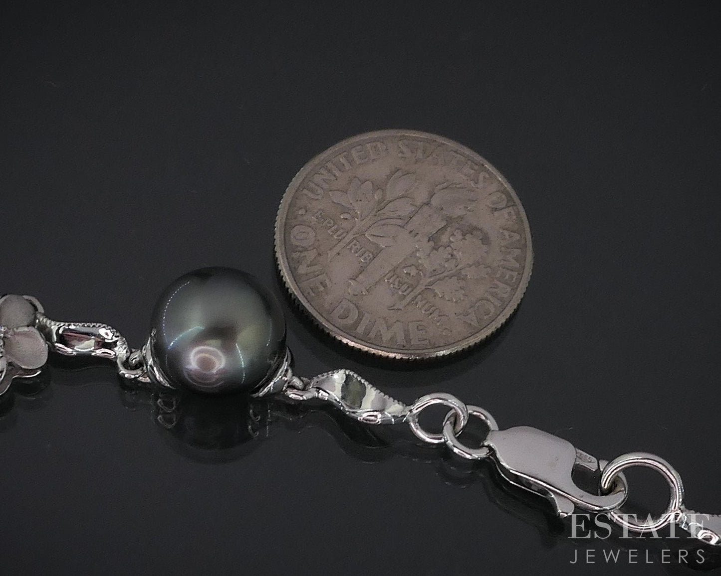 14k White Gold Tahitian Pearl & Diamond Denny Wong Flower Bracelet 10g i18488