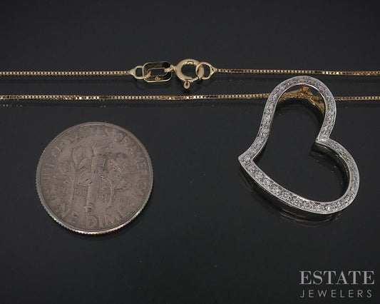 14k Yellow Gold Round Natural .15ctw Diamond Open Heart Necklace 2.6g i18478