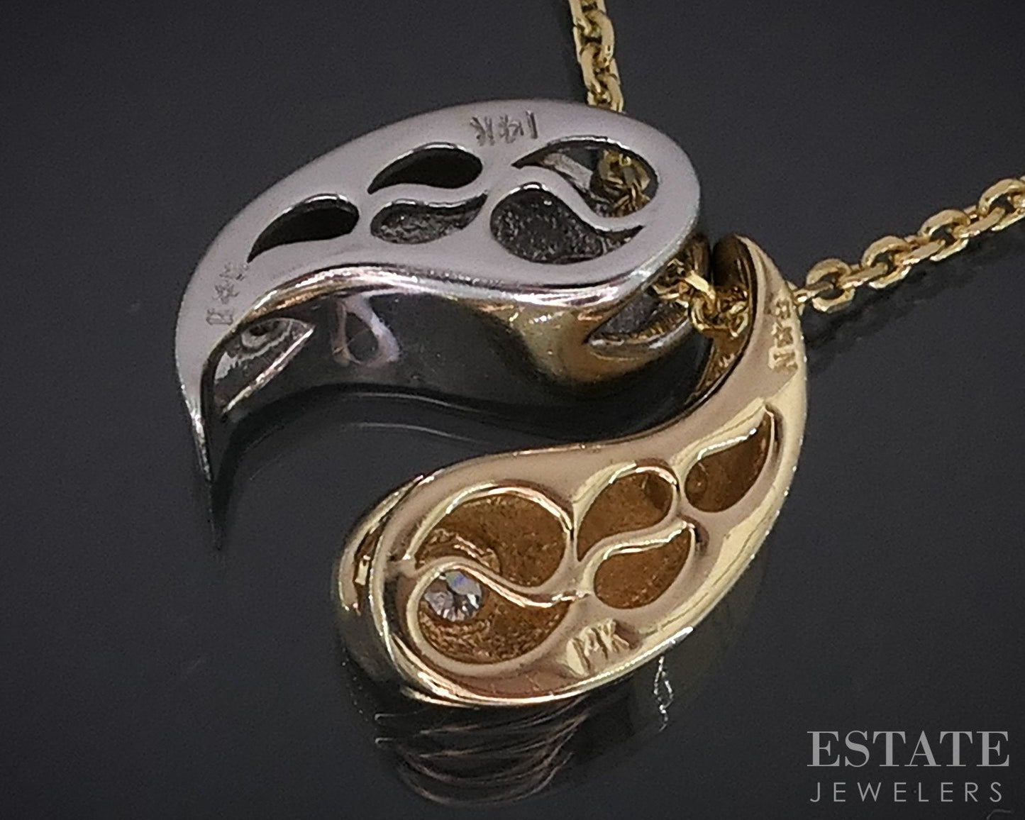18k & 14k Two Tone Gold Round Natural Diamond Ying Yang Necklace 6.9g i18487