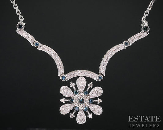 14k White Gold Natural Blue & White Diamond Flower Convertible Necklace i18486