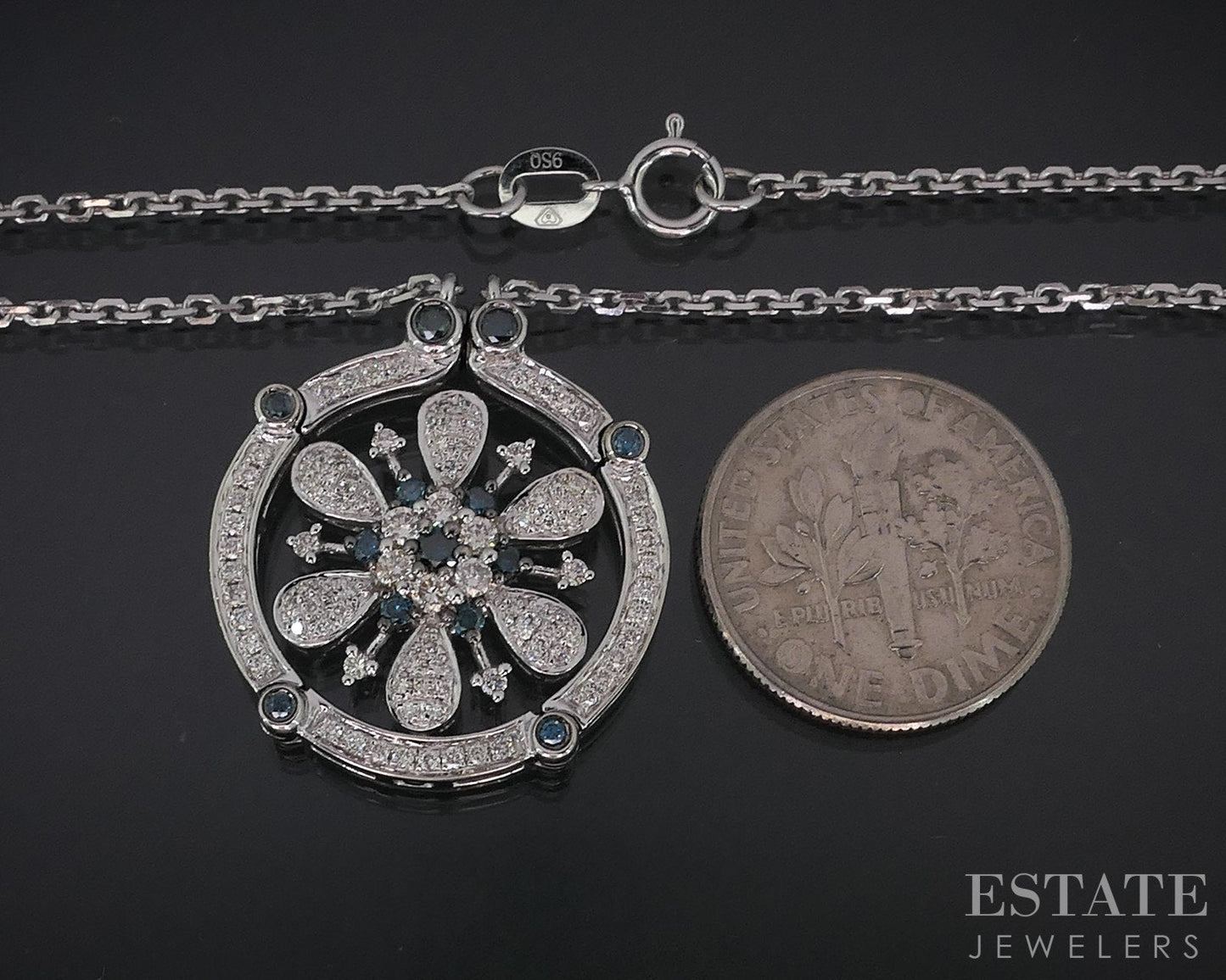 14k White Gold Natural Blue & White Diamond Flower Convertible Necklace i18486