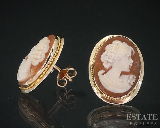 Vintage 14k Yellow Gold Natural Cameo Stud Ladies Earrings 3.3g i18481