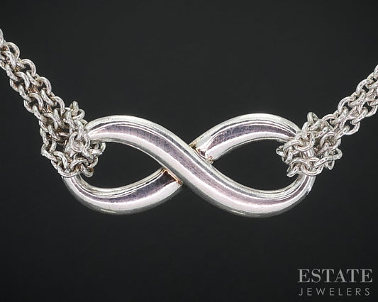 Sterling Tiffany & Co. Infinity Pendant Double Chain Necklace 6.4g 18"L i18468