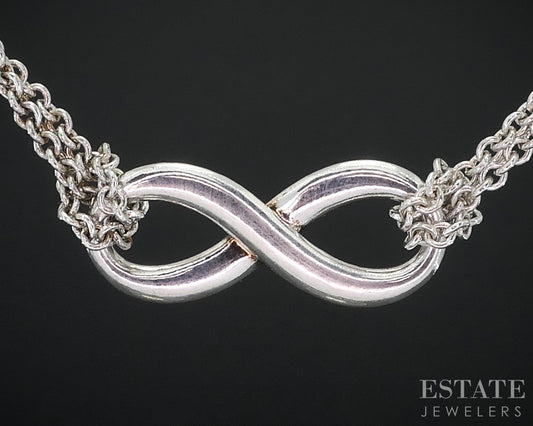 Sterling Tiffany & Co. Infinity Pendant Double Chain Necklace 6.4g 18"L i18468