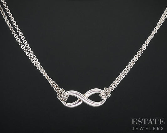 Sterling Tiffany & Co. Infinity Pendant Double Chain Necklace 6.4g 18"L i18468