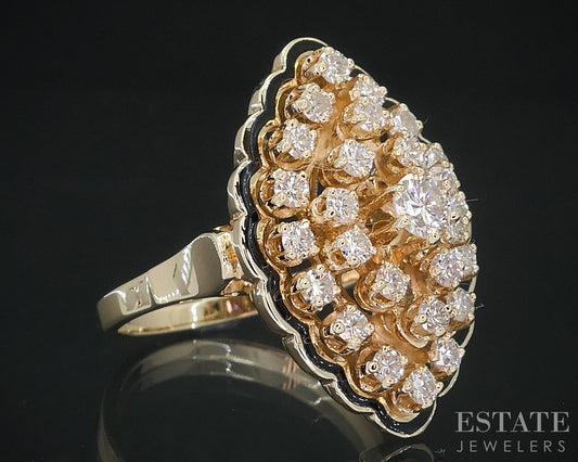Vintage 14k Yellow Gold Natural .76ctw Diamond Navette Cocktail Ring 7.4g i18477