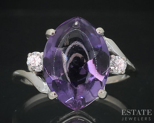 14k White Gold EFFY Cabochon Natural Amethyst & Diamond Ring 3.2g i18508
