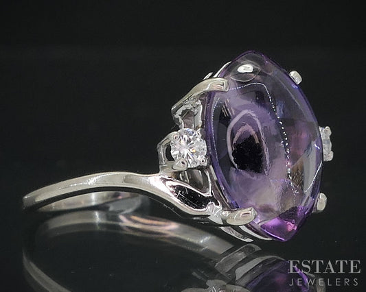 14k White Gold EFFY Cabochon Natural Amethyst & Diamond Ring 3.2g i18508