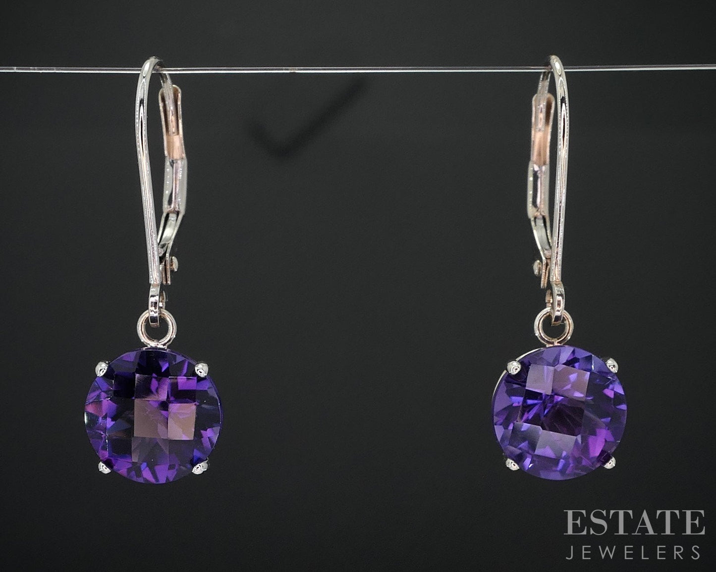 10k White Gold Round Natural Amethyst Lever Back Dangle Earrings 1.9g i18507b