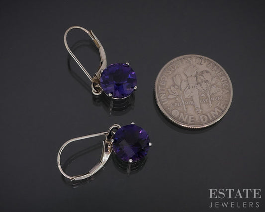10k White Gold Round Natural Amethyst Lever Back Dangle Earrings 1.9g i18507b
