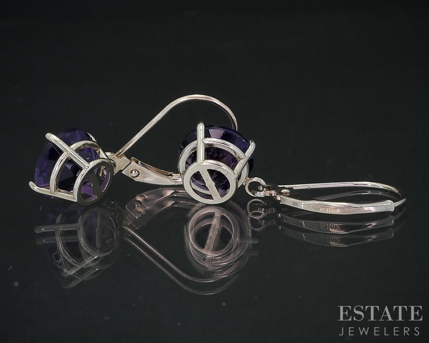 10k White Gold Round Natural Amethyst Lever Back Dangle Earrings 1.9g i18507b
