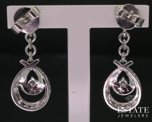 10k White Gold Natural .08ctw Diamond Tear Drop Dangle Earrings 3.1g i18506b