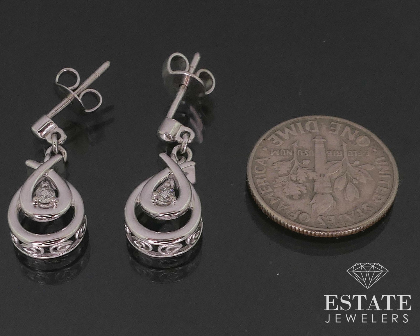 10k White Gold Natural .08ctw Diamond Tear Drop Dangle Earrings 3.1g i18506b