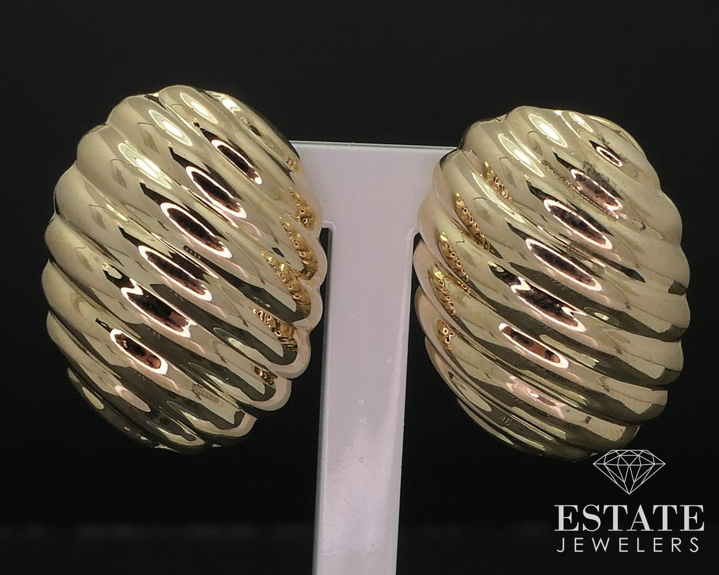 14k Yellow Gold Puffy Striped Omega Back Button Earrings 3.7g i18498b