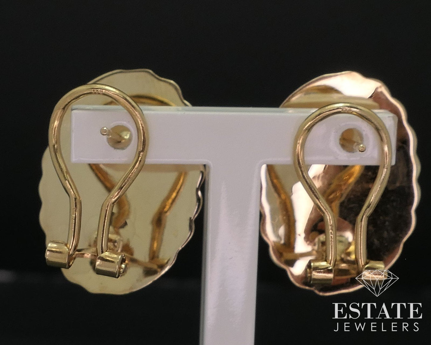 14k Yellow Gold Puffy Striped Omega Back Button Earrings 3.7g i18498b