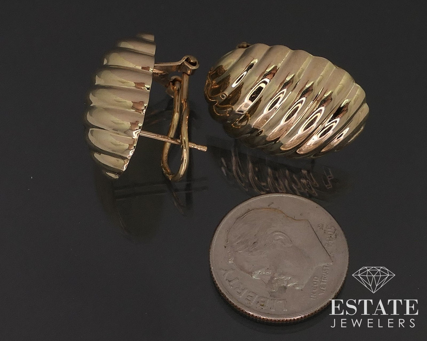 14k Yellow Gold Puffy Striped Omega Back Button Earrings 3.7g i18498b