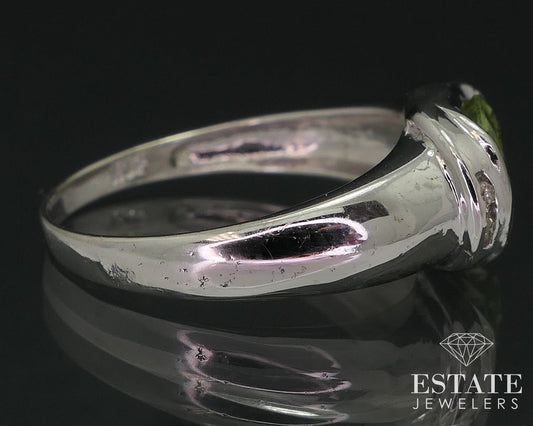 10k White Gold Oval Natural Peridot & Diamond Ladies Band Ring 2.3g i18499b