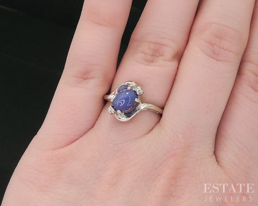 14k White Gold Linde Blue Sapphire & Diamond Ladies Bypass Ring 3g i18529b