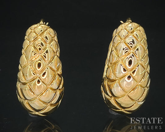 18k Yellow Gold Ribbed Puffy Hoop Ladies Earrings 4.6g i18533b