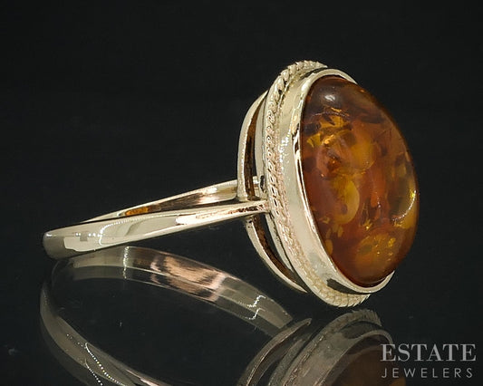 Antique 14k Yellow Gold Natural Amber Solitaire Ladies Ring 3.8g i18524b