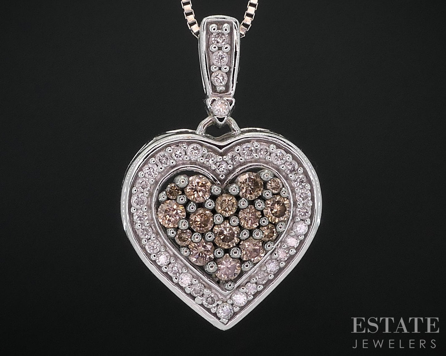 14k White Gold Natural Champagne & White Diamond Heart Necklace 5g i18527b