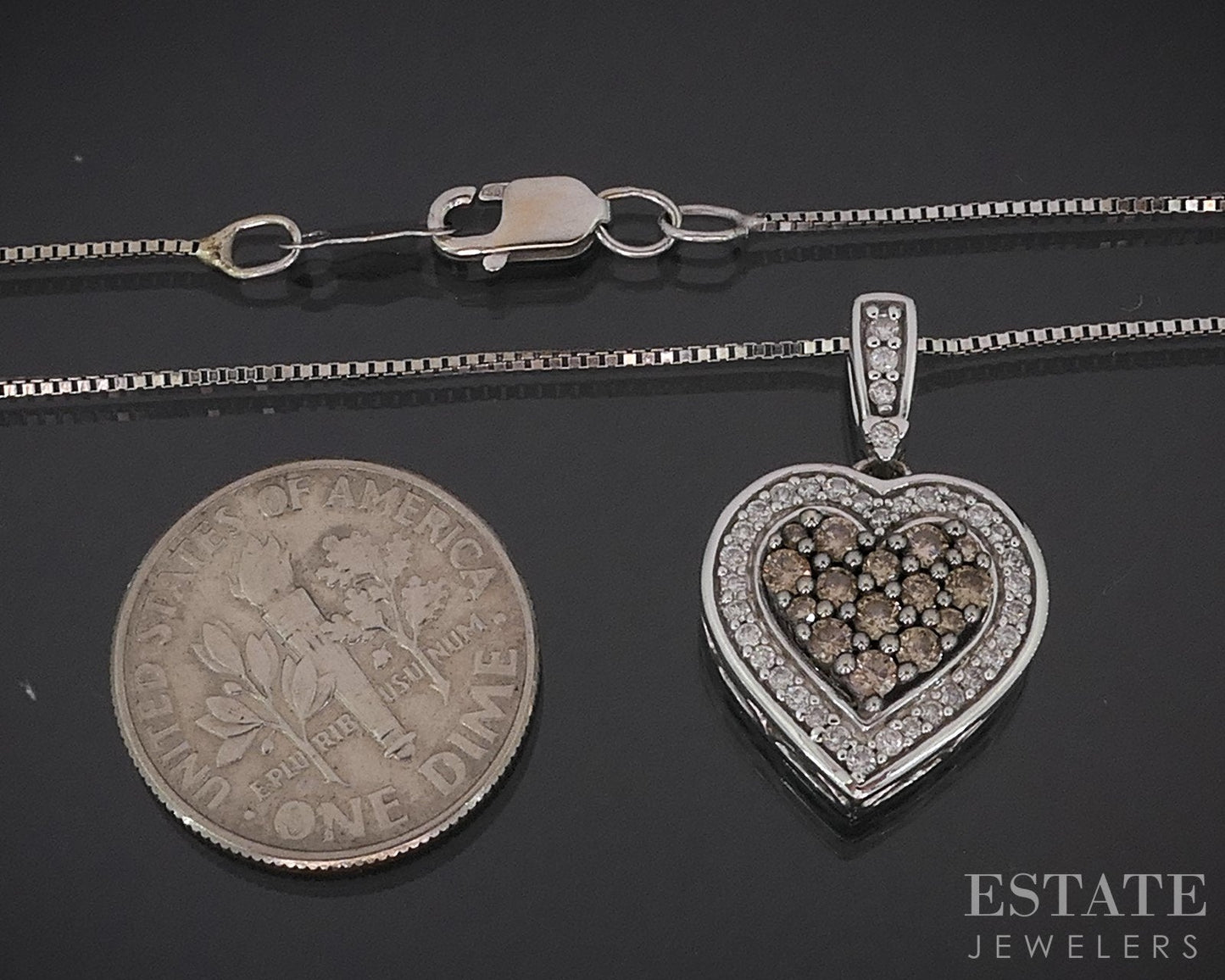 14k White Gold Natural Champagne & White Diamond Heart Necklace 5g i18527b