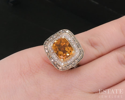 14k Honey Gold LeVian Cushion Natural Citrine & Diamond Ladies Ring 8.7g i18563