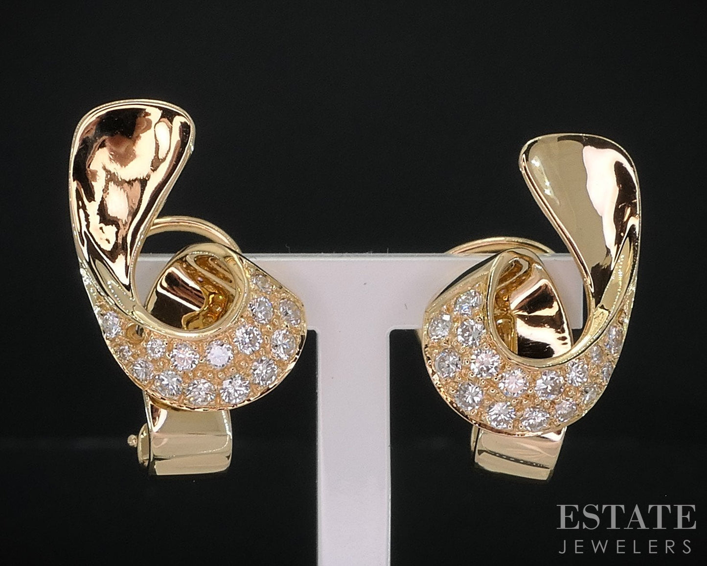 18k Yellow Gold Natural .75ctw Diamond Omega Back Ribbon Earrings 10.9g i18555
