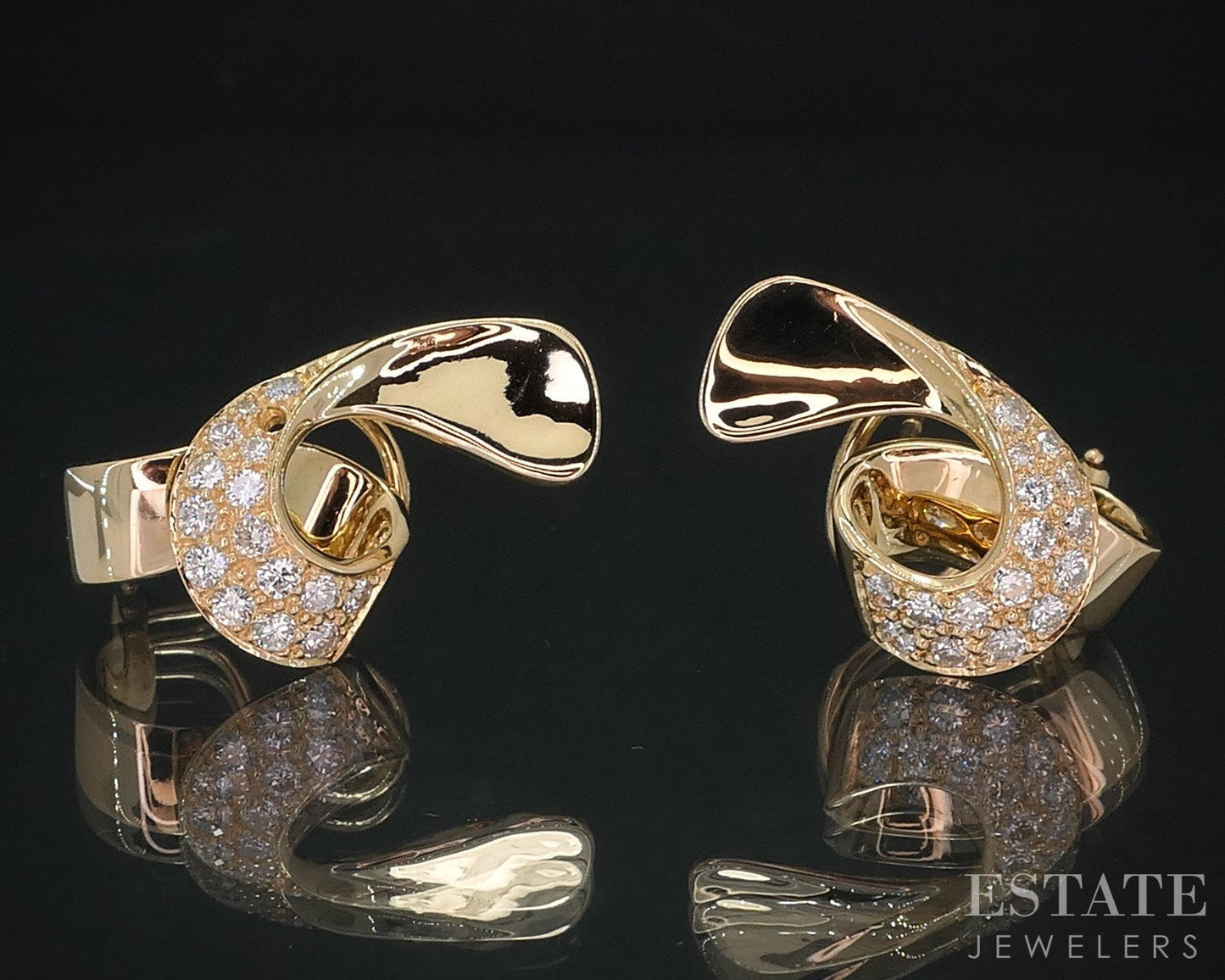 18k Yellow Gold Natural .75ctw Diamond Omega Back Ribbon Earrings 10.9g i18555