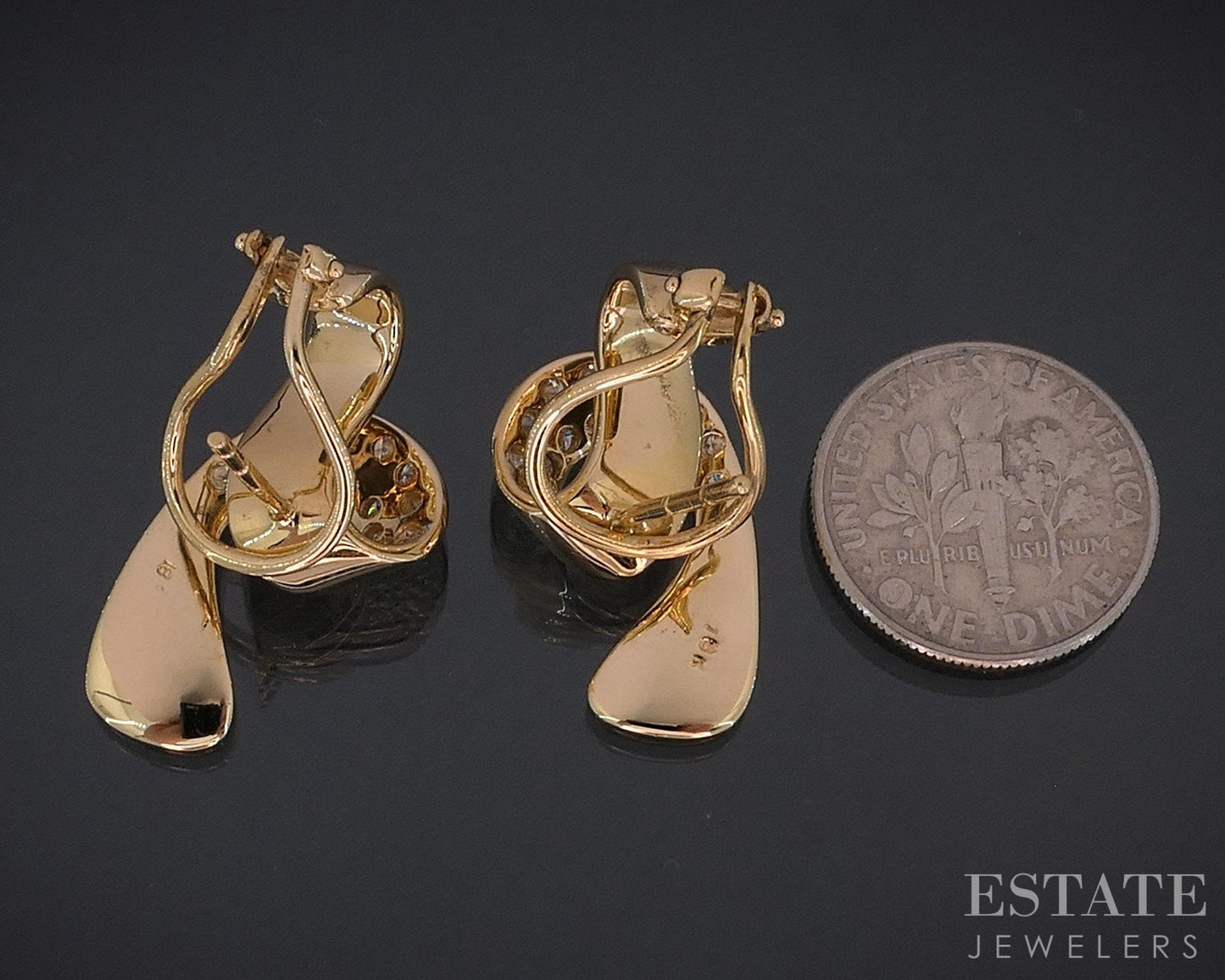 18k Yellow Gold Natural .75ctw Diamond Omega Back Ribbon Earrings 10.9g i18555