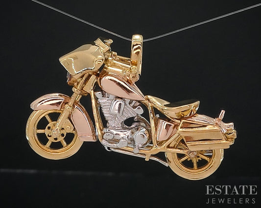 18k Tri Color Gold Dimensional Motorcycle Movable Charm Pendant 28.8g i18557