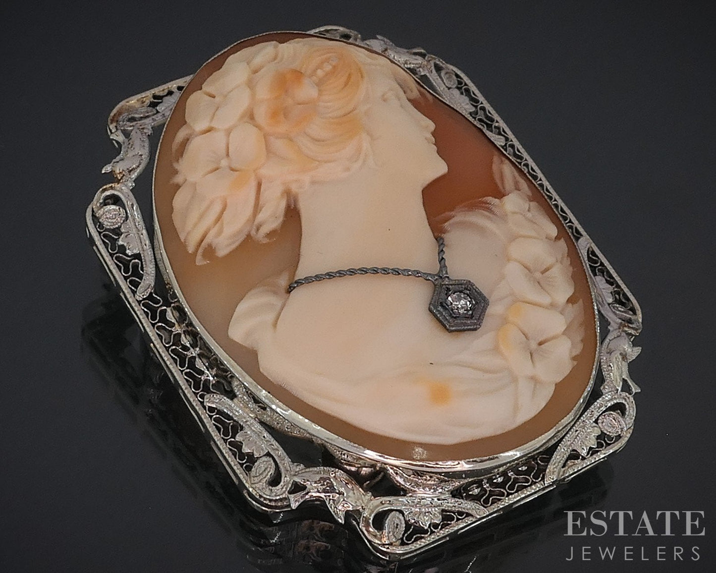 Antique 14k White Gold Filigree Diamond Cameo Pin Pendant 12.7g i18546