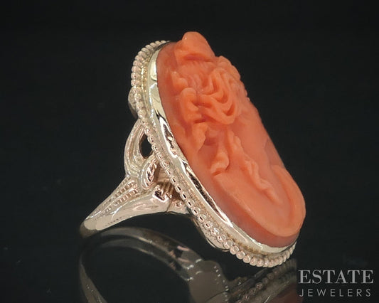 Antique 10k Yellow Gold Natural Coral Cameo Ladies Ring 6.8g i18550