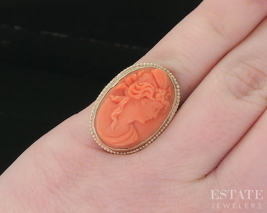 Antique 10k Yellow Gold Natural Coral Cameo Ladies Ring 6.8g i18550